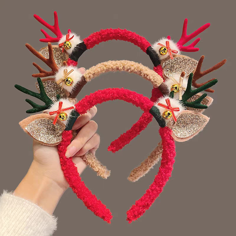 Reindeer Antlers Headband - ที่คาดผมคริสต์มาส ขนปุย ลายเขากวางเรนเดียร์ ผ้าฟลีซนุ่ม สีแดงเขียว สำหรับเทศกาล