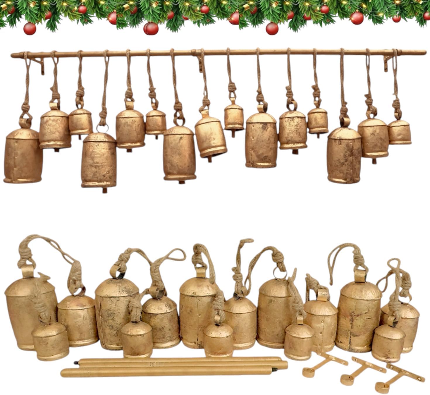 Christmas Stocking Hanging - ระฆังคริสต์มาสขนาดใหญ่สไตล์วินเทจ RW Rustic - ชุดระฆัง 15