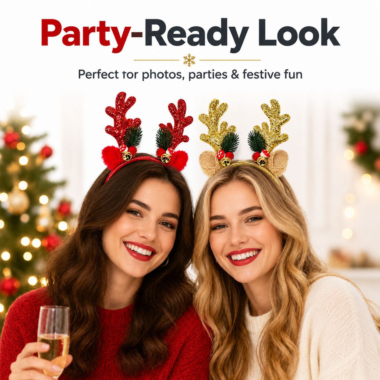 Reindeer Antlers Headband - ที่คาดผมกวางเรนเดียร์คริสต์มาสประดับกระดิ่งและเลื่อม เครื่องประดับผมสำหรับงานปาร์ตี้วันหยุด ที่คาดผมตกแต่งสำหรับถ่ายภาพ ชุดน่ารัก