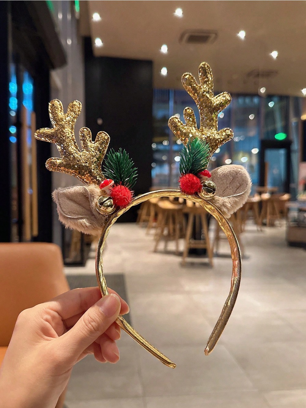 Reindeer Antlers Headband - 1 PC ทองเลื่อมเห็ดคริสต์มาสแถบคาดศีรษะ Big Deer Horn