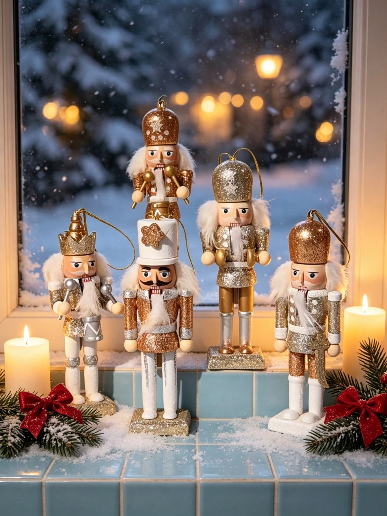 Nutcracker Figurine - ชุดจี้ตุ๊กตาไม้ทหารนัทแครกเกอร์สีทองแชมเปญประดับกลิตเตอร์ 5 ชิ้น, ของตกแต่งแขวนรูปทหารไม้สไตล์นอร์ดิก, ของประดับต้นคริสต์มาส, ของตกแต่งหน้าต่างบ้านแบบสร้างสรรค์,
